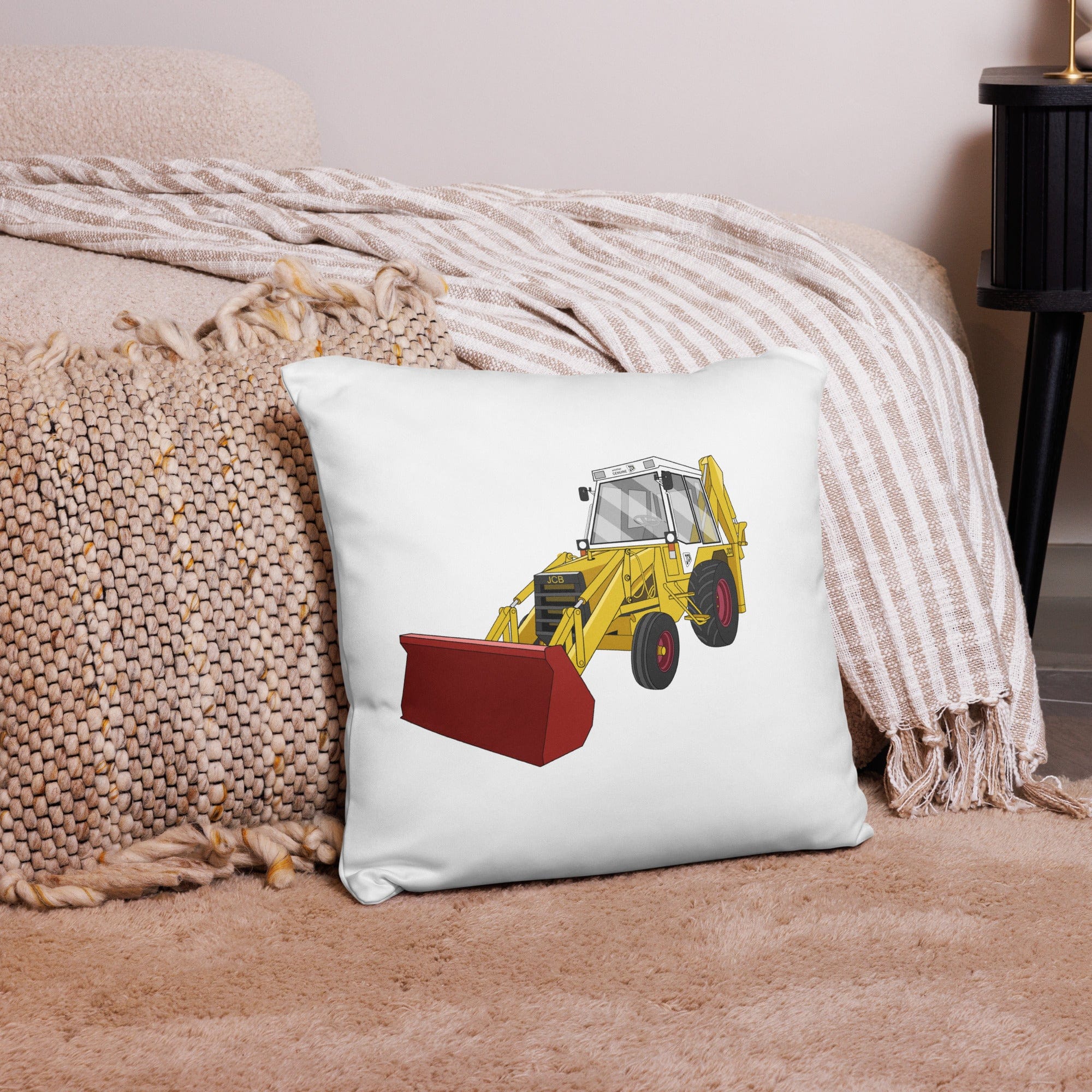 The Tractor Mugs Store 18″×18″ JCB 3CX White Cabin 2WD | Pillow Case Quality Farmers Merch