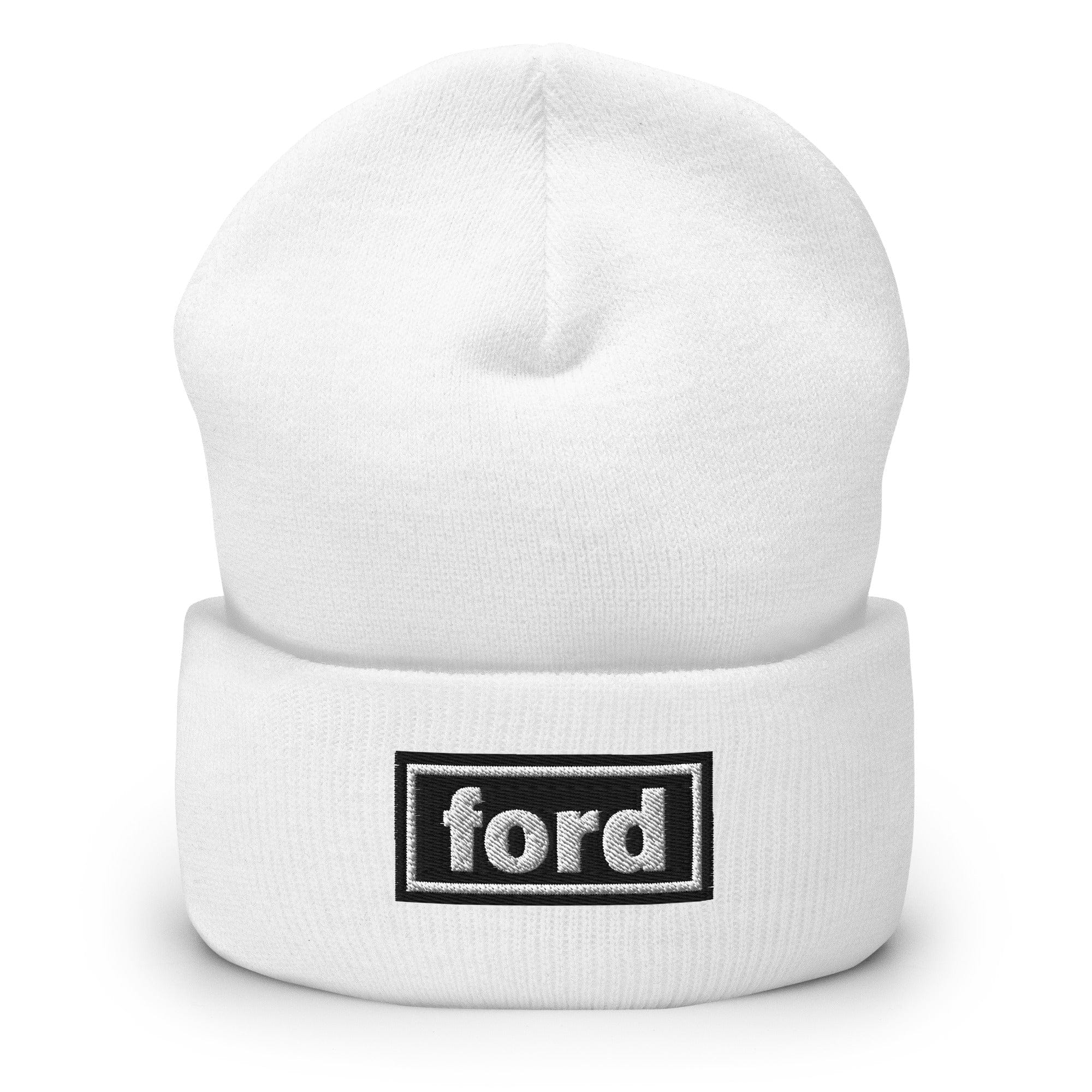 The Tractor Mugs Store White OASIS Style 'Ford' Cuffed Beanie Quality Farmers Merch