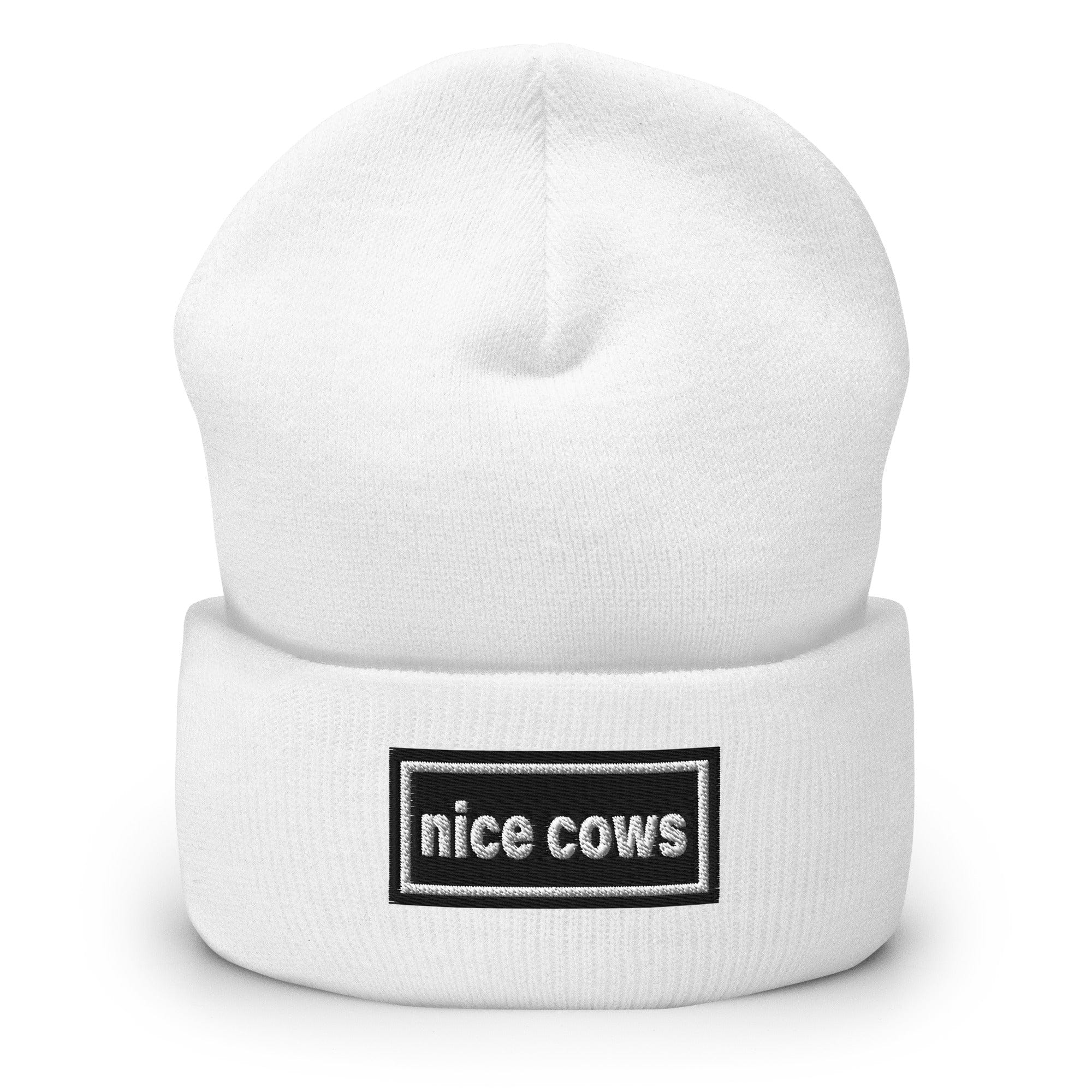 The Tractor Mugs Store White OASIS Style 'Nice Cows' | Cuffed Beanie Quality Farmers Merch