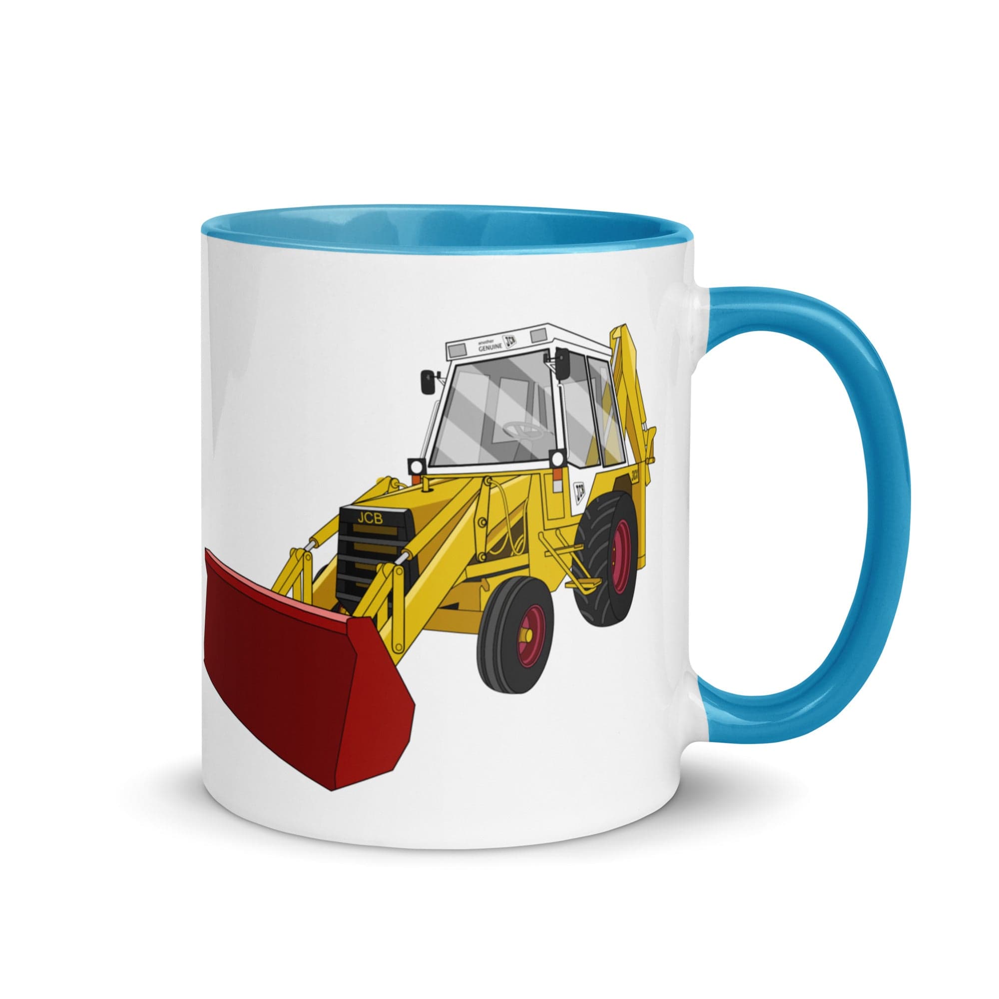 The Tractors Mugs Store Blue JCB 3CX White Cabin 2WD Mug with Color Inside Quality Farmers Merch