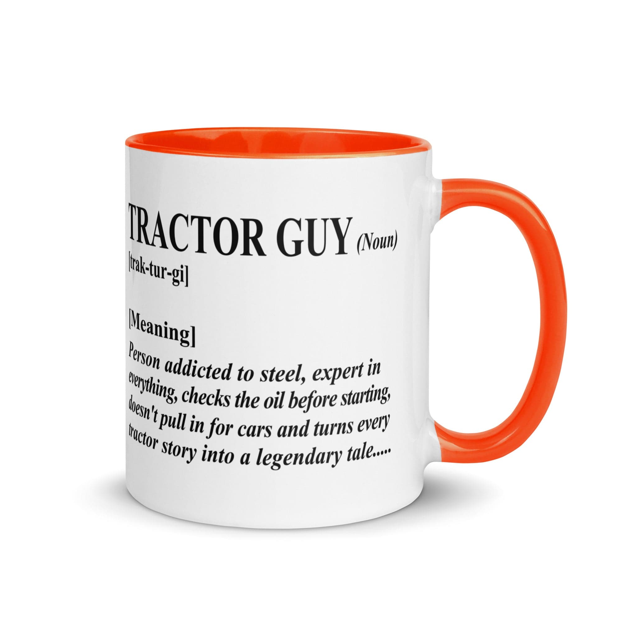 The Tractors Mugs Store Orange Tractor Guy Mug with Color Inside Quality Farmers Merch