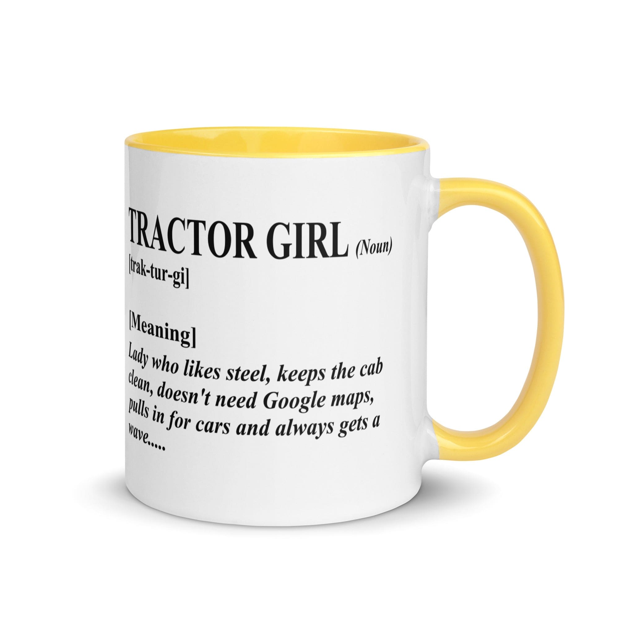 The Tractors Mugs Store Yellow Tractor Girl Mug with Color Inside Quality Farmers Merch
