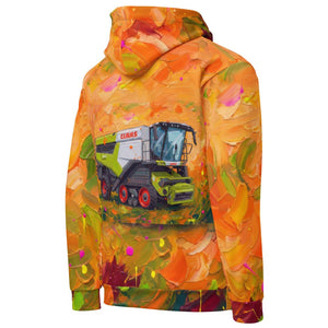 Furrow and Fields Hoodie CLAAS Lexion 8600 TerraTrac Splash Art | All-Over Print Hoodie Quality Farmers Merch