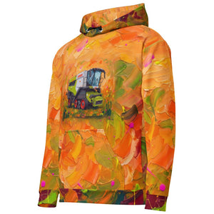 Furrow and Fields Hoodie CLAAS Lexion 8600 TerraTrac Splash Art | All-Over Print Hoodie Quality Farmers Merch