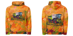 Furrow and Fields Hoodie CLAAS Lexion 8600 TerraTrac Splash Art | All-Over Print Hoodie Quality Farmers Merch