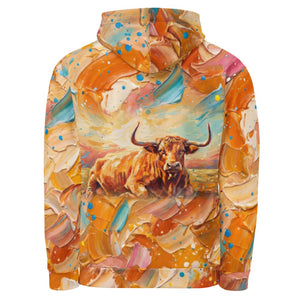 Furrow and Fields Hoodie English Longhorn Splash Art | All-Over Print Hoodie Quality Farmers Merch