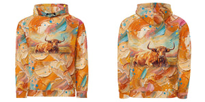 Furrow and Fields Hoodie English Longhorn Splash Art | All-Over Print Hoodie Quality Farmers Merch