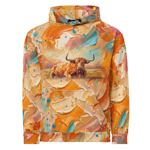 Furrow and Fields Hoodie English Longhorn Splash Art | All-Over Print Hoodie Quality Farmers Merch