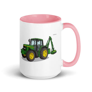 John Deere 6910 with Hedge Cutter Illustration | 15 oz Mug with Color Inside - Pink
