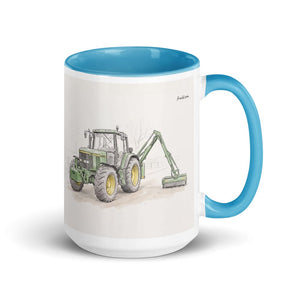John Deere 6910 with Hedge Cutter Pencil Sketch | 15 oz Mug with Color Inside - Blue