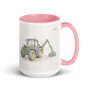 John Deere 6910 with Hedge Cutter Pencil Sketch | 15 oz Mug with Color Inside - Pink