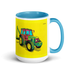 John Deere 6910 with Hedge Cutter Pop Art | 15 oz Mug with Color Inside - Blue