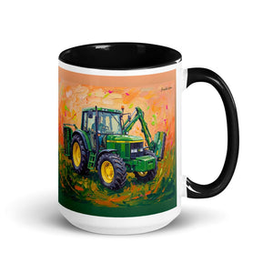 John Deere 6910 with Hedge Cutter Splash Art | 15 oz Mug with Color Inside - Black