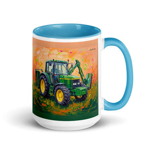 John Deere 6910 with Hedge Cutter Splash Art | 15 oz Mug with Color Inside - Blue