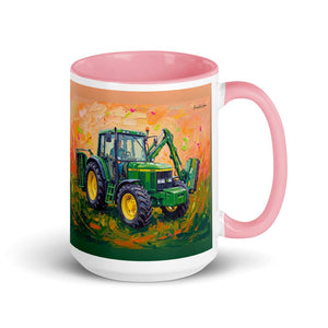 John Deere 6910 with Hedge Cutter Splash Art | 15 oz Mug with Color Inside - Pink