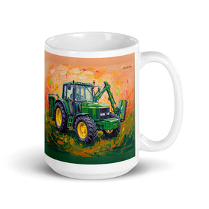 John Deere 6910 with Hedge Cutter Splash Art | White Glossy Mug