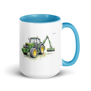 John Deere 6910 with Hedge Cutter Watercolor | 15 oz Mug with Color Inside - Blue