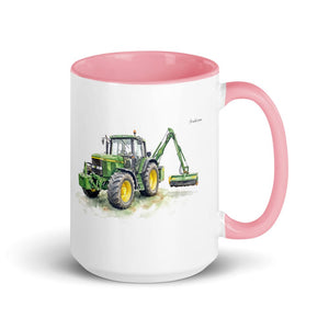 John Deere 6910 with Hedge Cutter Watercolor | 15 oz Mug with Color Inside - Pink
