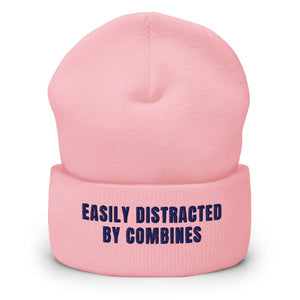 Furrow & Fields Baby Pink Easily Distracted By Combines | Cuffed Beanie Quality Farmers Merch