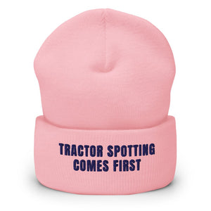Furrow & Fields Baby Pink Tractor Spotting Comes First | Cuffed Beanie Quality Farmers Merch