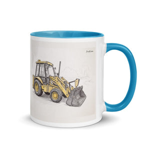 Furrow & Fields Blue / 11 oz JCB 3CX Sitemaster Plus Pencil Sketch | Mug with Color Inside Quality Farmers Merch