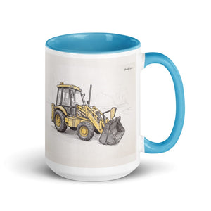 Furrow & Fields Blue JCB 3CX Sitemaster Plus Pencil Sketch | 15 oz Mug with Color Inside Quality Farmers Merch