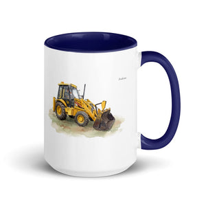Furrow & Fields Dark Blue JCB 3CX Sitemaster Plus Watercolor | 15 oz Mug with Color Inside Quality Farmers Merch