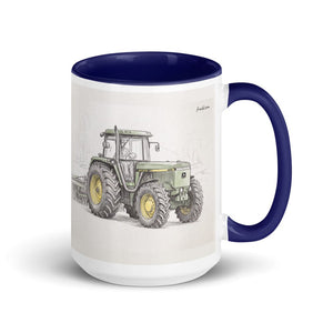 Furrow & Fields Dark Blue John Deere 4955 Pencil Sketch | 15 oz Mug with Color Inside Quality Farmers Merch