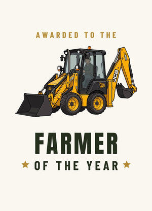 Furrow & Fields Greeting Card Farmer of the Year JCB 1CX Cartoon | Greeting Card Quality Farmers Merch