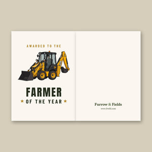 Furrow & Fields Greeting Card Farmer of the Year JCB 1CX Cartoon | Greeting Card Quality Farmers Merch