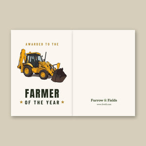Furrow & Fields Greeting Card Farmer of the Year JCB 3CX Sitemaster Plus Cartoon | Greeting Card Quality Farmers Merch