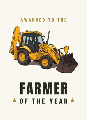Furrow & Fields Greeting Card Farmer of the Year JCB 3CX Sitemaster Plus Cartoon | Greeting Card Quality Farmers Merch