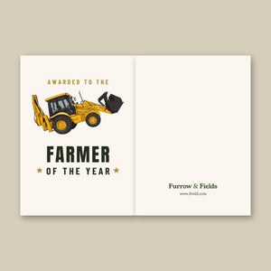 Furrow & Fields Greeting Card Farmer of the Year JCB 3CX Sitemaster SRS Cartoon | Greeting Card Quality Farmers Merch
