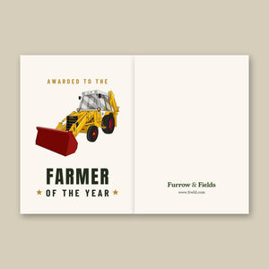 Furrow & Fields Greeting Card Farmer of the Year JCB 3CX White Cabin 2WD | Greeting Card Quality Farmers Merch