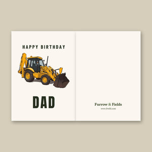 Furrow & Fields Greeting Card Happy Birthday Dad JCB 3CX Sitemaster Plus Cartoon | Greeting Card Quality Farmers Merch