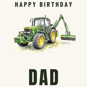Furrow & Fields Greeting Card Happy Birthday Dad John Deere 6910 with Hedge Cutter Watercolour | Greeting Card Quality Farmers Merch