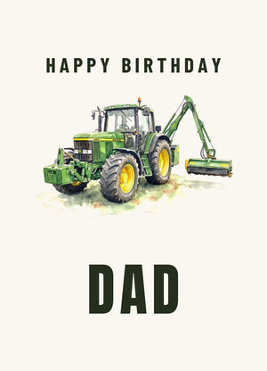 Furrow & Fields Greeting Card Happy Birthday Dad John Deere 6910 with Hedge Cutter Watercolour | Greeting Card Quality Farmers Merch