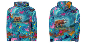 Furrow & Fields Hoodie Hereford Cow Splash Art | All-Over Print Hoodie Quality Farmers Merch