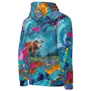 Furrow & Fields Hoodie Hereford Cow Splash Art | All-Over Print Hoodie Quality Farmers Merch