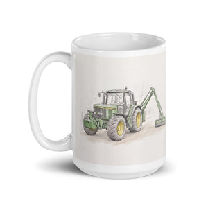 Furrow & Fields John Deere 6910 with Hedge Cutter Pencil Sketch | White Glossy Mug Quality Farmers Merch