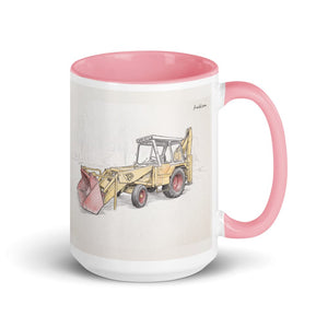 Furrow & Fields Pink JCB 3C II Pencil Sketch | 15 oz Mug with Color Inside Quality Farmers Merch