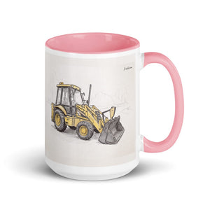 Furrow & Fields Pink JCB 3CX Sitemaster Plus Pencil Sketch | 15 oz Mug with Color Inside Quality Farmers Merch