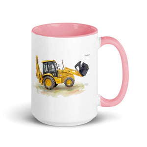 Furrow & Fields Pink JCB 3CX Sitemaster SRS Watercolor | 15 oz Mug with Color Inside Quality Farmers Merch