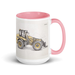 Furrow & Fields Pink JCB TM420 Pencil Sketch | 15 oz Mug with Color Inside Quality Farmers Merch