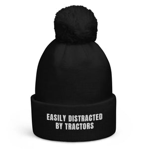 The Tractor Mugs Store Black Easily Distracted By Tractors | Pom-Pom Beanie Quality Farmers Merch