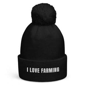 The Tractor Mugs Store Black I Love Farming | Pom-Pom Beanie Quality Farmers Merch