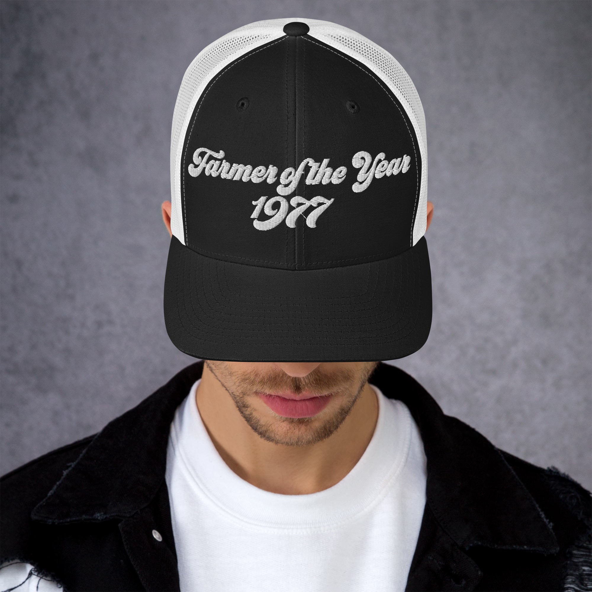 The Tractor Mugs Store Black/ White Farmer of The Year 1977 | Retro 70's Trucker Cap Quality Farmers Merch