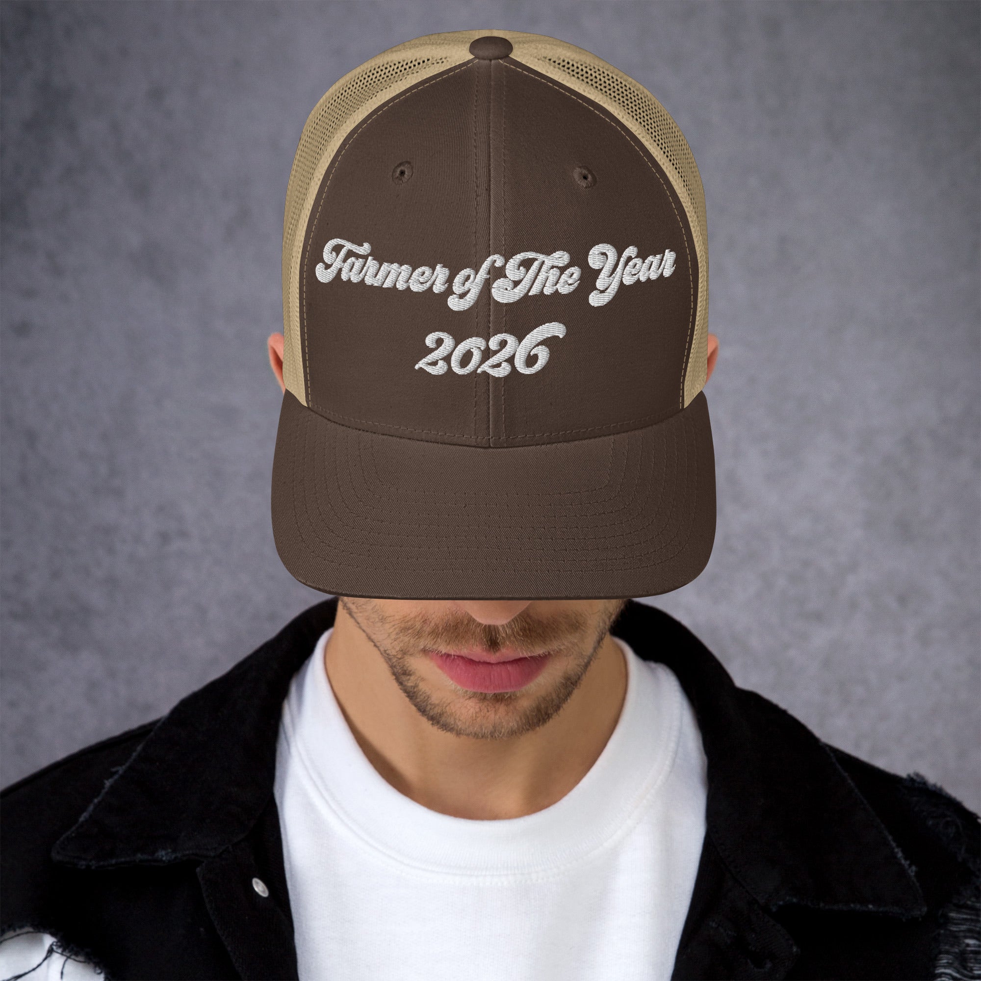 The Tractor Mugs Store Brown/ Khaki Farmer of The Year 2026 | Retro 70's Trucker Cap Quality Farmers Merch