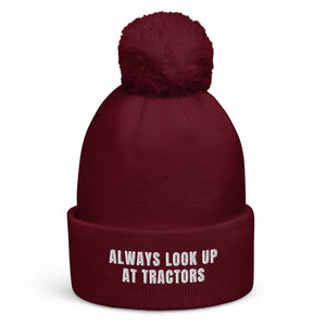 The Tractor Mugs Store Burgundy Always Look Up At Tractors | Pom-Pom Beanie Quality Farmers Merch