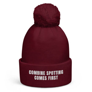 The Tractor Mugs Store Burgundy Combine Spotting Comes First | Pom-Pom Beanie Quality Farmers Merch